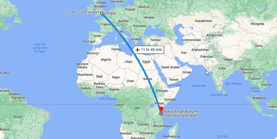 map of flights from London to Zanzibar